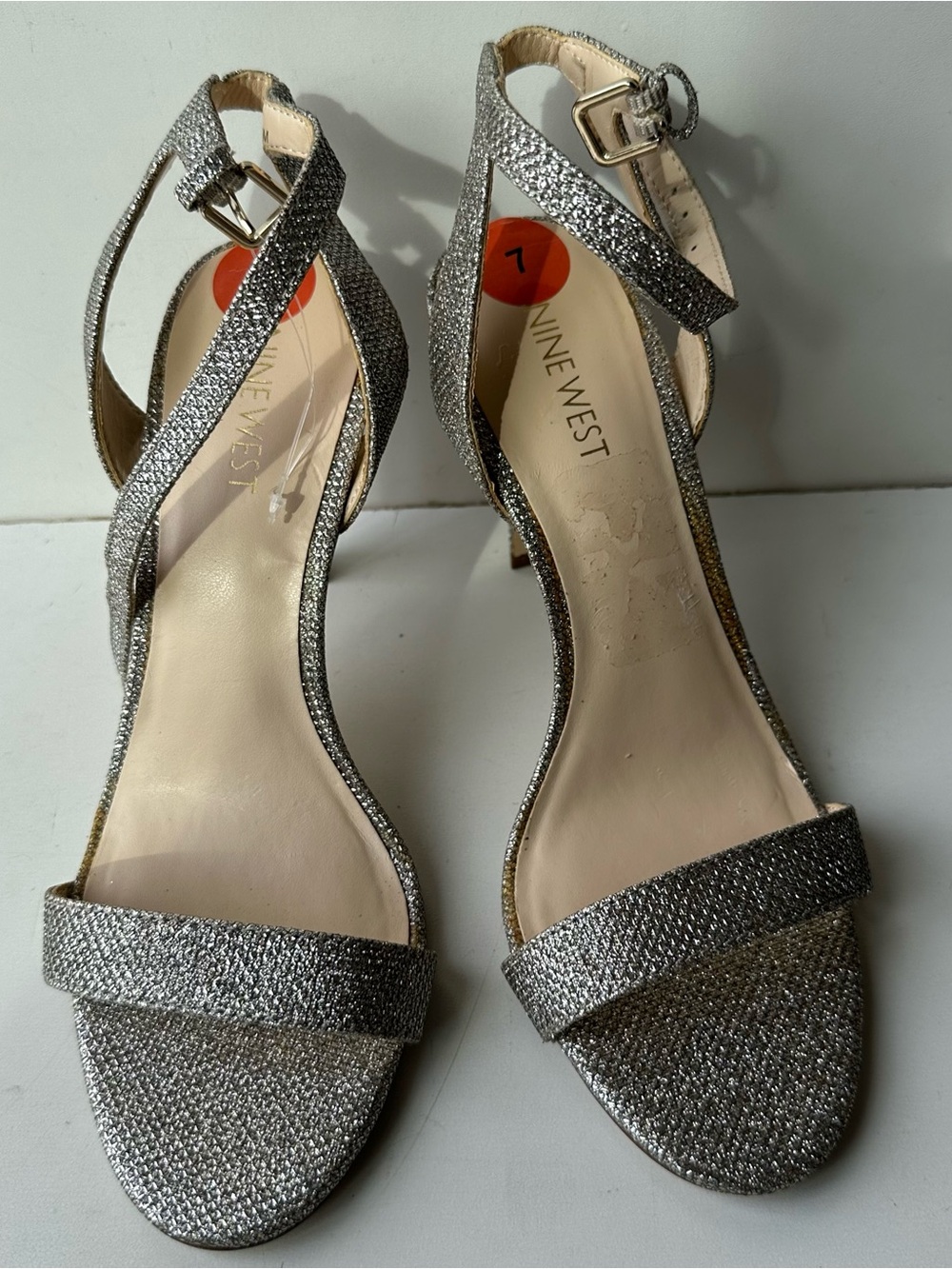 Nine West Womens Silver Glitter Heeled Sandals Ankle Strap Dress Shoes Size 7M
